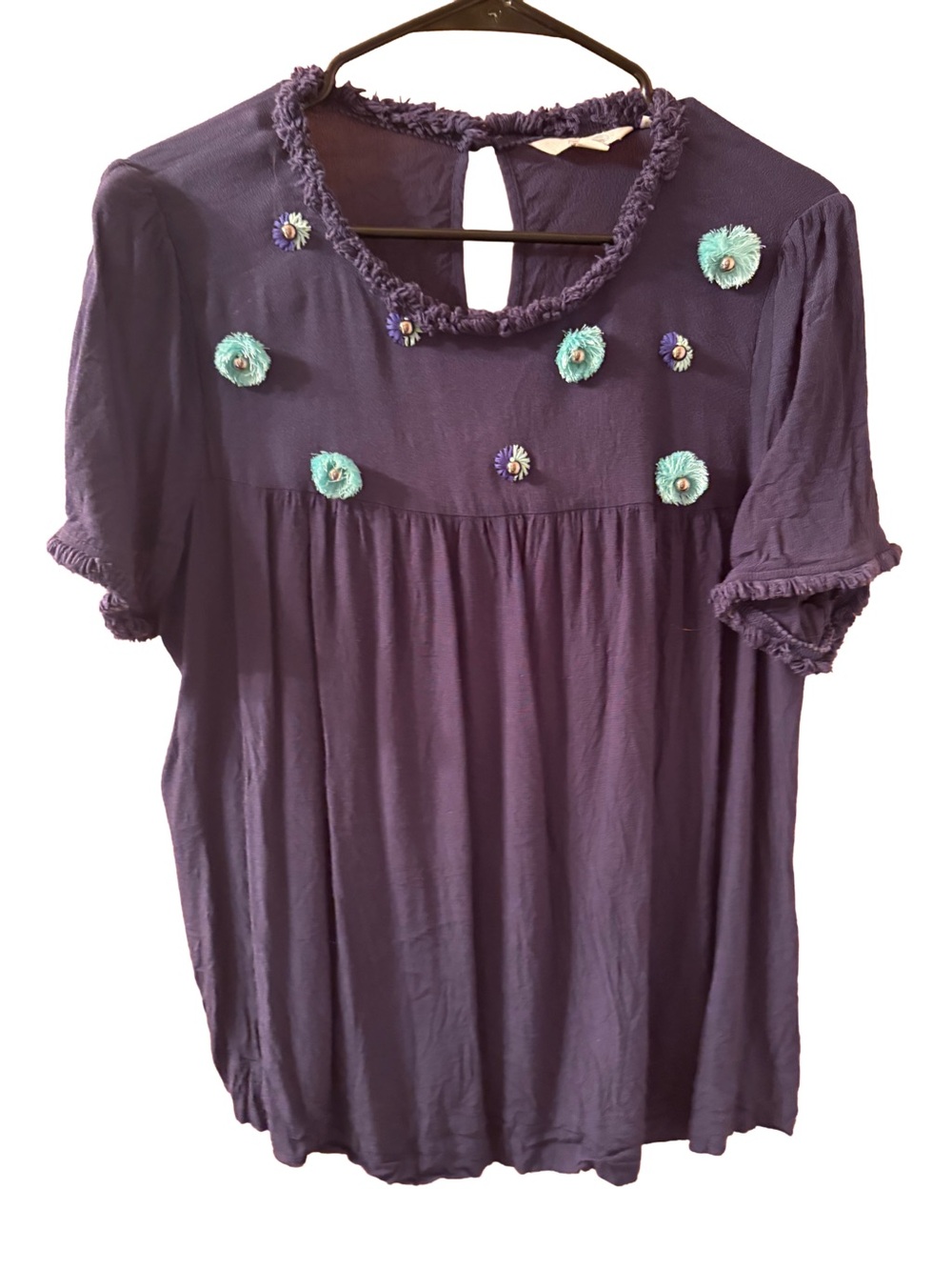 Boden Navy Teal Boho Appliqué Short Sleeve Women's Top US 12
